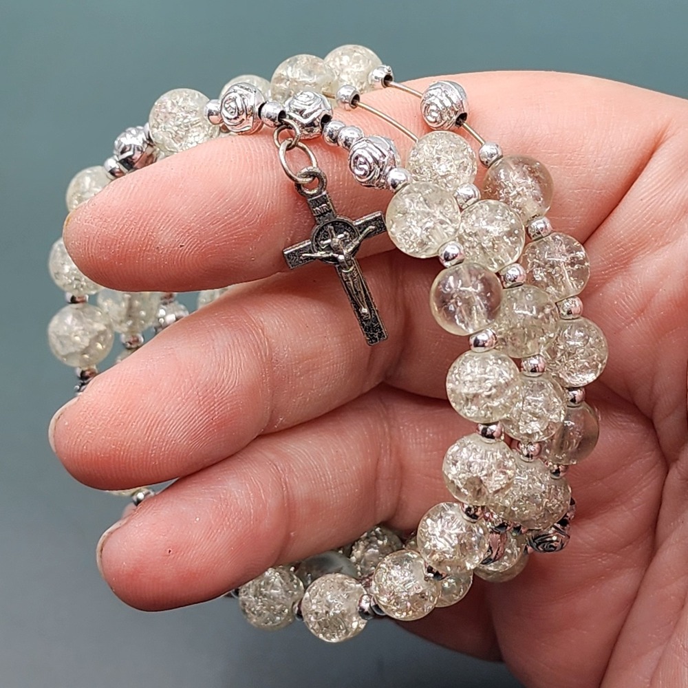 Clear Crackle Glass Bead Rosary Style Bracelet Crucifix Silver Tone Multi Strand